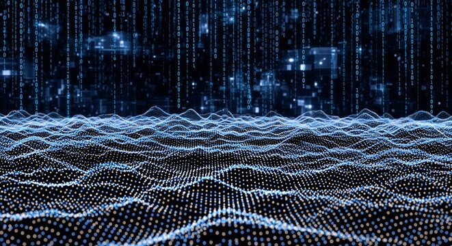 Abstract Digital Landscape with Flowing Particles and Binary Code Rain, Futuristic Data Stream Visualization, Technology and AI Concept Background