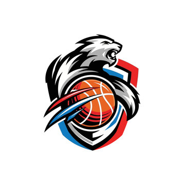 Basketball team mascot logo with a fierce bear and ball on shield