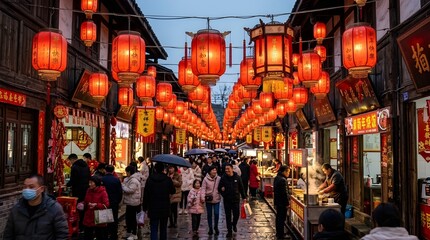 Naklejka premium Traditional Chinese New Year Lanterns Hanging In A Street, Shining Bright Red Light And Symbolizing Prosperity, Joy, And Cultural Celebration