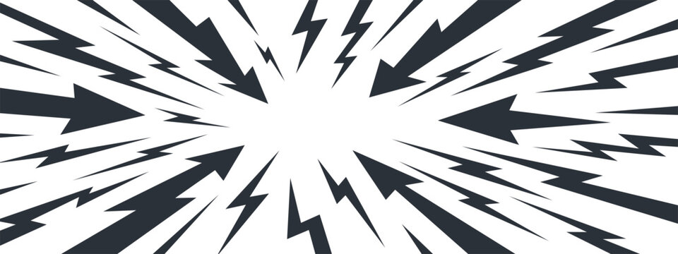 Thunder vector manga for comic background burst and anime line radial. Cartoon bright frame for bg abstract shock and explosion explode shout. Background thunder pop for comic splash blast.