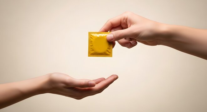 Yellow condom wrapper in hand, safe sex concept, contraception protection