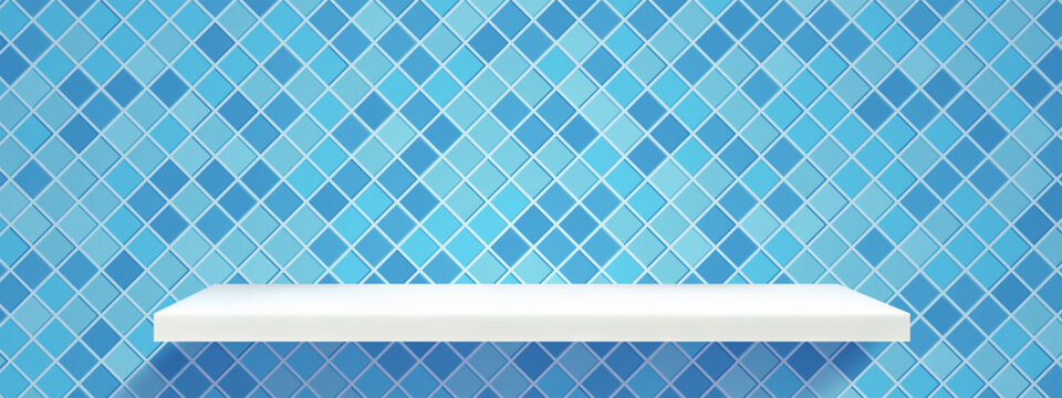 Bathroom product background for blue tile wall and shelf kitchen podium. Platform table interior for realistic swimming white and shelves isolated stand. Tile bathroom surface for blue pattern.