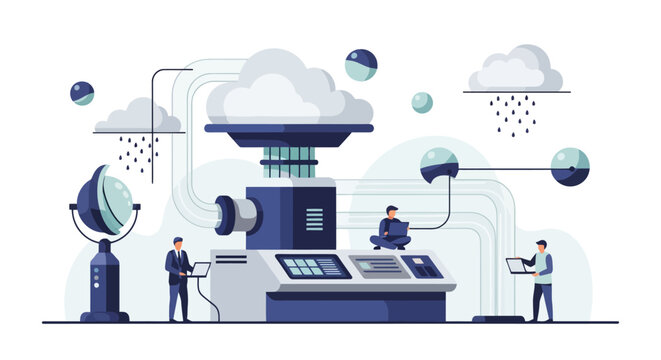 Futuristic technology machine with people interacting.