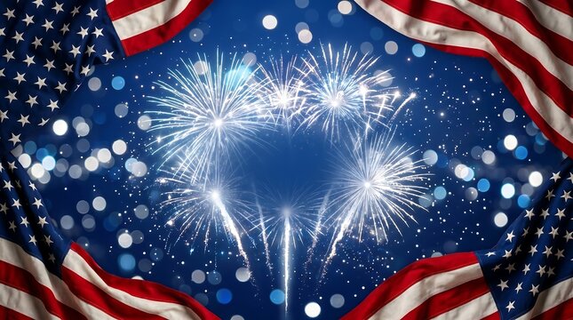American flag border with patriotic white fireworks on dark blue background