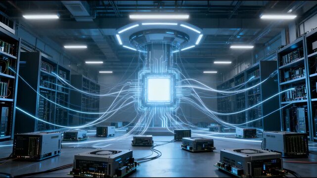 Futuristic data center quantum computer glowing core server rack blue neon light digital network technology innovation cyber security artificial