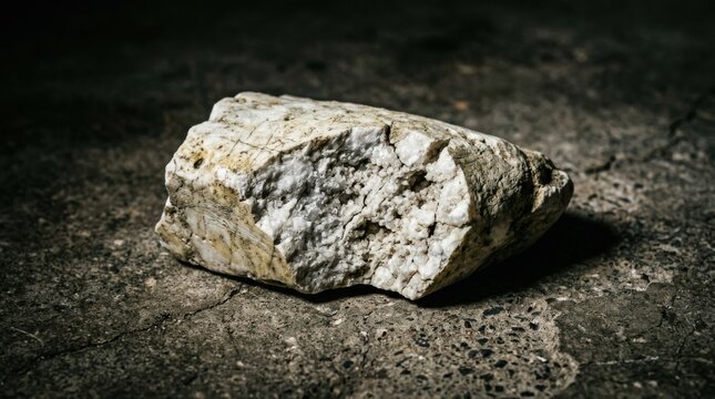 Close-up of a Broken White Marble Shard Revealing a Porous Crystalline Interior Structure Resting on a Dark Cracked Concrete Surface with Dramatic Side Lighting and Mineral Textures.
