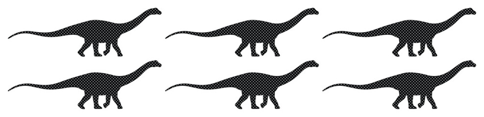 Six black Brontosaurus dinosaur silhouettes, prehistoric animal vector collection. Minimalist Jurassic era reptile icons, perfect for children's designs and educational materials. © Caleb