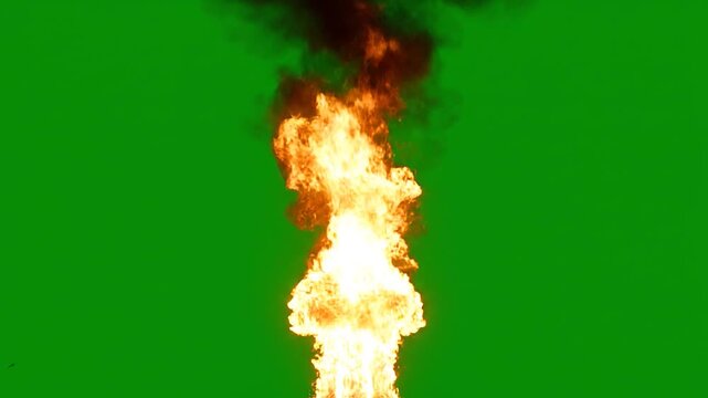 High Intensity Fire Jet With High Pressure Thrust On Green Screen