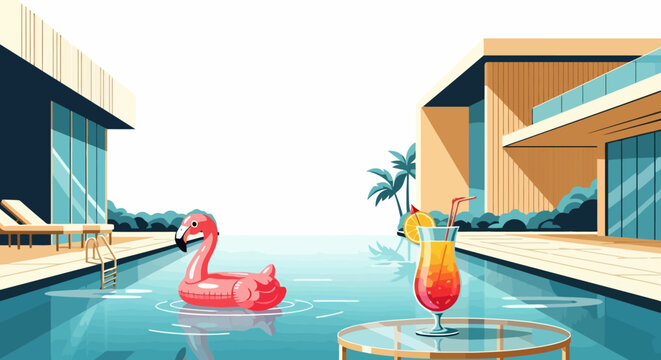 Flamingo float and cocktail glass in a swimming pool.
