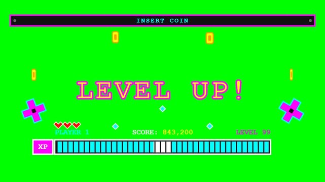 Retro Arcade Level Up Screen with XP Bar on Green Screen Background.