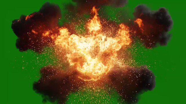 High Intensity Fire Wall Breach with Roaring Flames on Green Screen