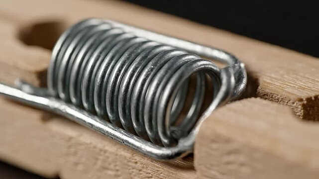Close up of a wooden clothespin spring mechanism detail.