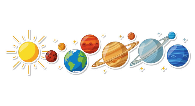 Colorful illustration of the solar system with planets and the sun on white background