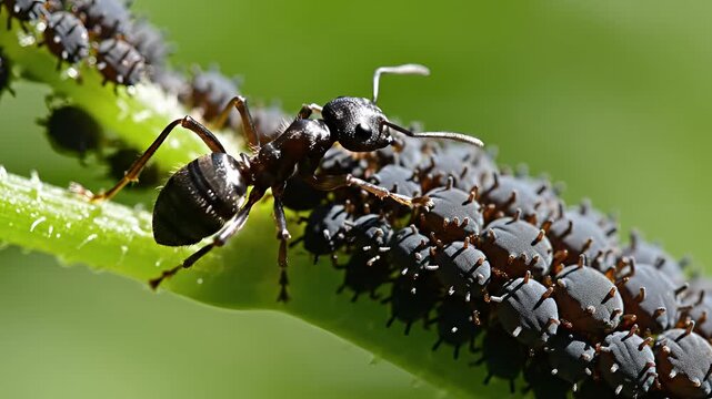 Closeup macro shot of an ant tending to a colony of aphids on a plant stem.