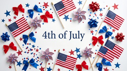Obraz premium Flat lay 4th of July decorative background with American flags and bows