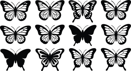 Butterfly silhouettes wing patterns insect nature diversity black white vector illustration design collection decorative art © MOSTSHAHANAJ