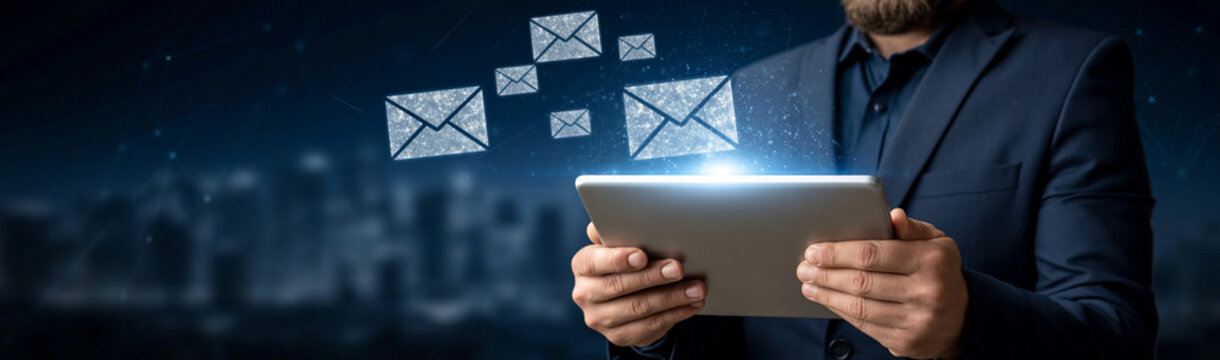Digital Communication Evolution: A businessman elegantly holds a tablet, with digital mail icons hovering around it, signifying the modern era of electronic correspondence and data transmission.