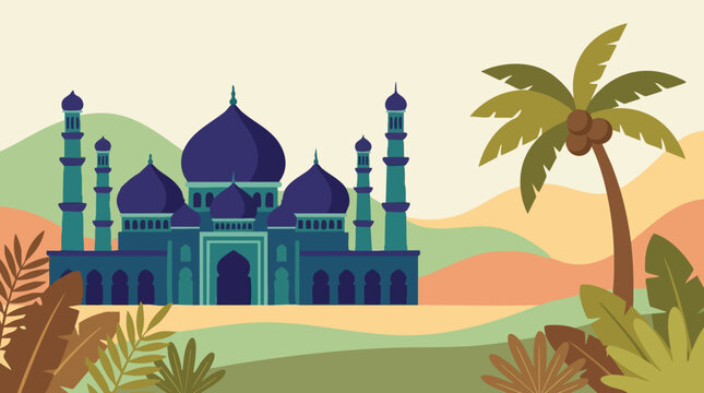 Mosque with Minarets and Palm Trees in Desert Landscape Illustration