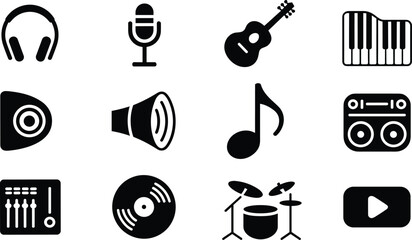 audio icons headphones microphone guitar piano speaker drum vinyl note boombox sound mixer vector illustration black  icons headphones microphone guitar piano speaker drum vinyl note b © MOSTSHAHANAJ