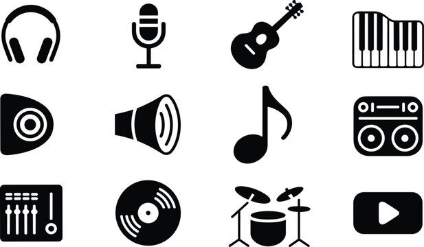  audio icons headphones microphone guitar piano speaker drum vinyl note boombox sound mixer vector illustration black  icons headphones microphone guitar piano speaker drum vinyl note b