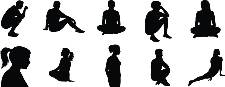 Seated crouched silhouettes people sitting squatting resting poses human figure gesture vector illustration black design collection anatomy reference