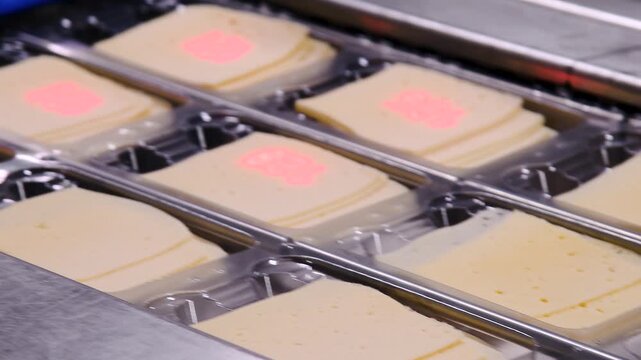Conveyor belt with pieces of yellow cheese moving on it.