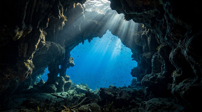 Mysterious deep underwater stone cave looking out into the beautiful blue ocean with bright sunbeams