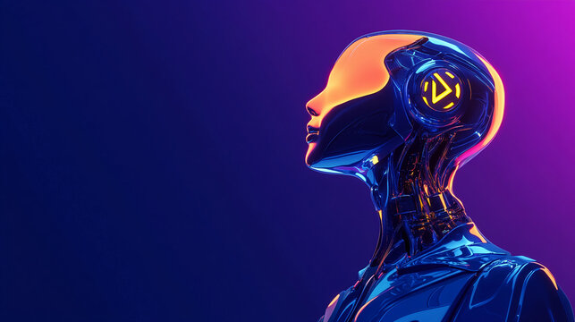 Futuristic Robot Head with Glowing Orange Eyes and Blue Metallic Body