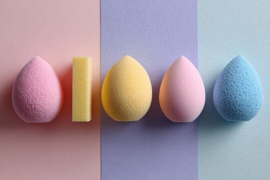 Colorful cosmetic makeup sponge applicators mockup display with cosmetic applicator accessory colorful foundation skincare aesthetic background textured professional equipment collection