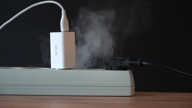 White charger emits smoke from power strip. Power strip shows signs of overheating. Smoke rises from charging adapter. Overheating electrical device danger. Home safety awareness visual