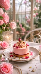 Naklejka premium Elegant pink rose mousse cake with cream topping and pistachios on a white plate, served on a marble table in a sunlit greenhouse garden setting.
