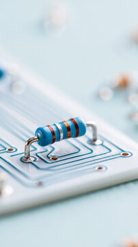 Resistor on Circuit Board: A close-up shot showcases a blue resistor with colored bands, a fundamental electronic component, resting on a white circuit board with intricate conductive pathways.