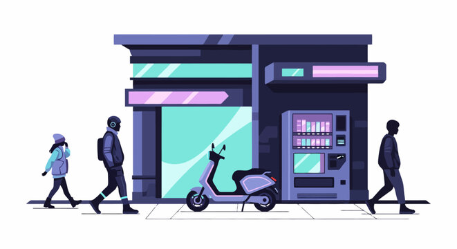 Urban street scene with people walking past a modern building and scooter.