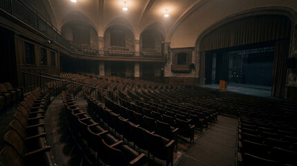 Naklejka premium Cinematic wide shot of an empty college auditorium with a misty atmosphere and dim lighting