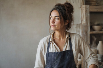 Fototapeta premium Woman artist in apron contemplating design in pottery studio
