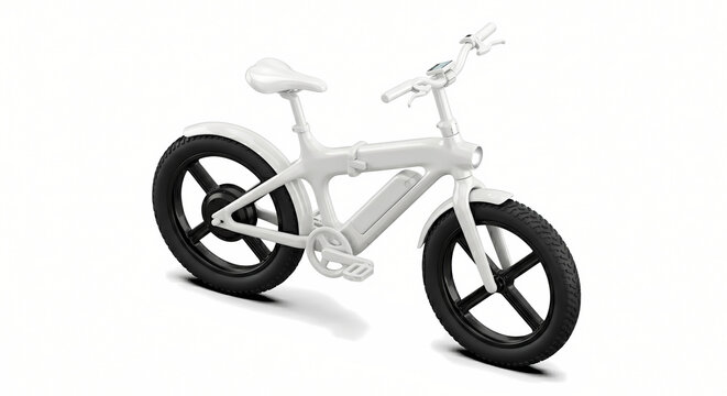 3D Isometric Foldable Electric Bicycle for Beach Cruising, White Ceramic E-Bike, Isolated on White