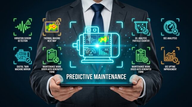 Businessman holding tablet with predictive maintenance concept on screen display