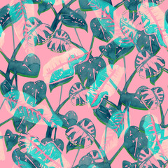 Blur tropical foliage seamless pattern on a pink background © AineGing