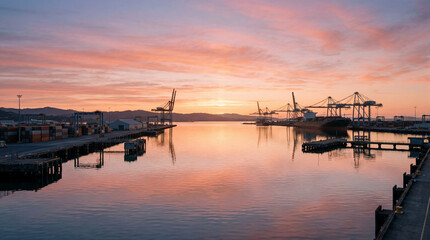 Fototapeta premium Soft pink and orange sunrise colors reflecting off calm water at an empty commercial harbor