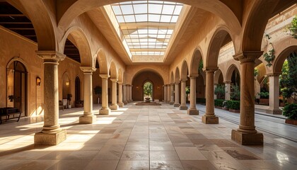 Fototapeta premium An ancient stone archway and column arcade illuminate the historic interior of a landmark mosque in Istanbul Turkey