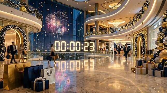Luxury mall interior with Christmas decorations and countdown to midnight fireworks display