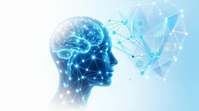 Artificial intelligence digital brain human profile neural network data connection innovation future technology blue light science thinking deep