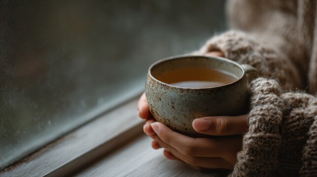Hands holding a warm cup of tea by the window, evoking a sense of cozy comfort and relaxation