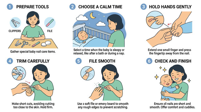 Infographic showing step by step guide for parents on how to trim baby fingernails safely