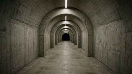 Obraz premium Minimalist Subterranean Concrete Tunnel Located Inside Military Base Displaying Repeating Clean Structural Geometric Arches Architecture