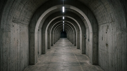 Obraz premium Minimalist subterranean industrial concrete tunnel inside a secret military base with repeating modern geometric structures