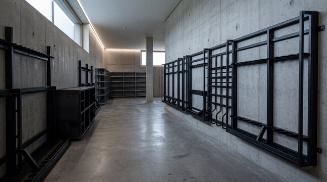 Minimalist military armory indoor storage space with empty geometric wall racks and clean concrete floor