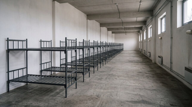 Interior view of empty minimalist garrison military barracks featuring rows of identical unmade metal beds