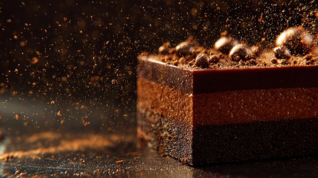 A rich, dark chocolate cake dusted with cocoa powder, creating a mesmerizing, dusty effect. The cake layers are distinct, with a glossy top and adorned with chocolate nibs or balls