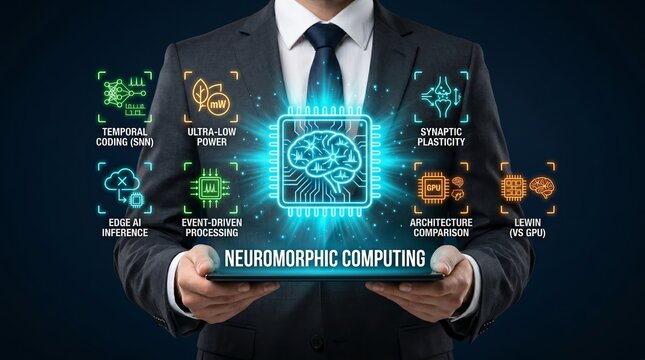 Businessman presenting neuromorphic computing concept on a tablet with brain and chip graphics